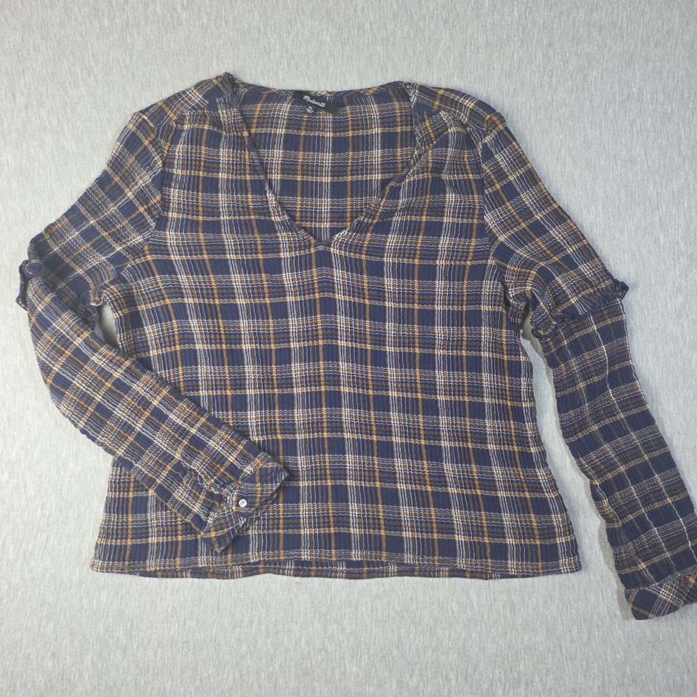 Madewell Plaid V-Neck Women's Top Blue and Brown Size XL